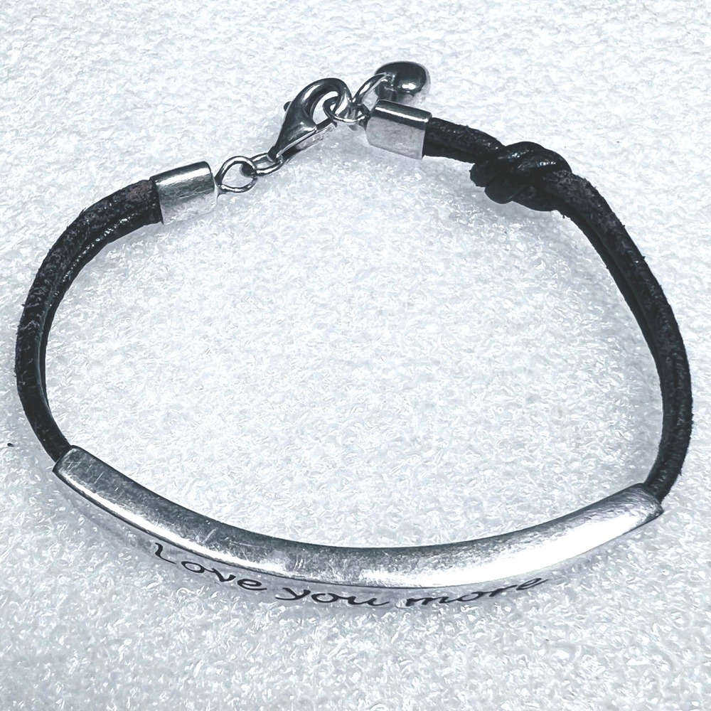 Sterling Silver Bar Bracelet Leather Cord Heart Charm Engraved Love You More SEE